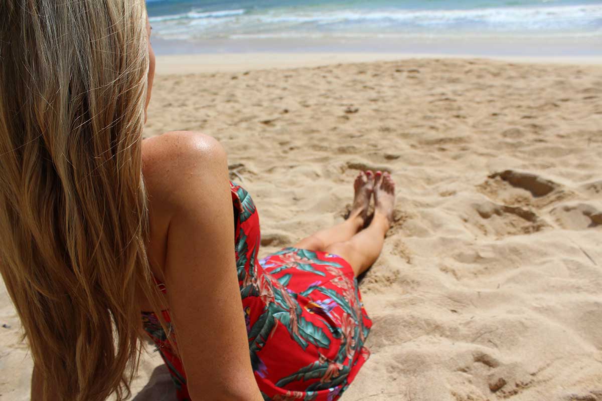 sandy toes at the beach in a Magnum PI sundress