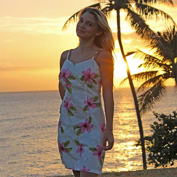 short floral spaghetti Hawaiian dress at sunset