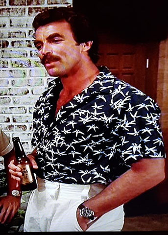 Screenshot of Tom Selleck in Midnight Bamboo shirt on Magnum PI