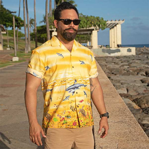 yellow shark Hawaiian shirt