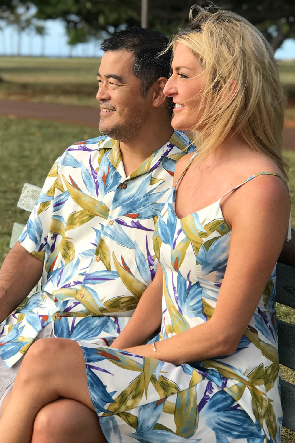 Loryn in watercolor spaghetti Hawaiian dress