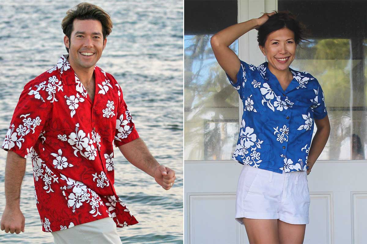 White Flower Hawaiian shirts in red and blue