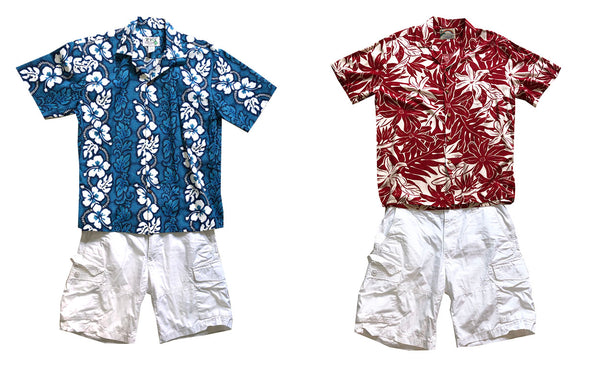 white shorts with Hawaiian shirts with white vs beige accents