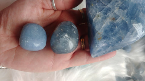 ic:From left to right, Angelite, Celestine, high grade Blue Calcite