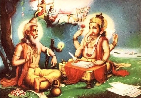 ic:Sage Vyasa reciting the Mahabarata to Lord Ganesha the scribe.  This story was added over 150 years after the first Mahabharata was put to paper. 