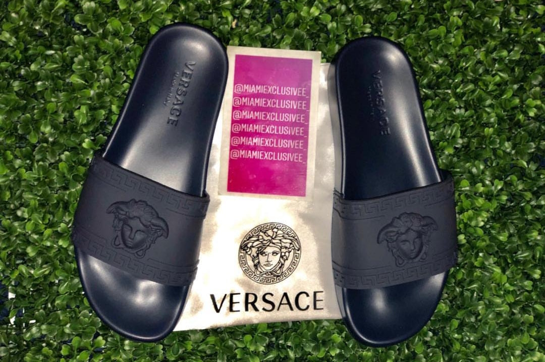 navy blue versace slides