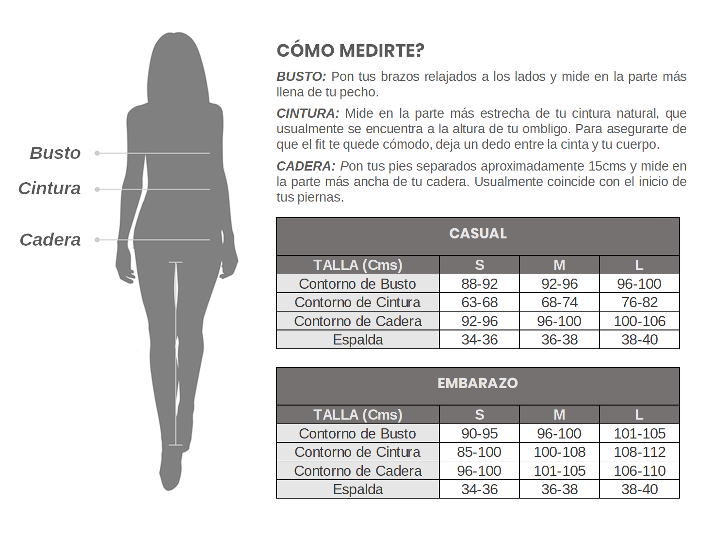 Guía de tallas marca de ropa para mujer I love Hana en Colombia