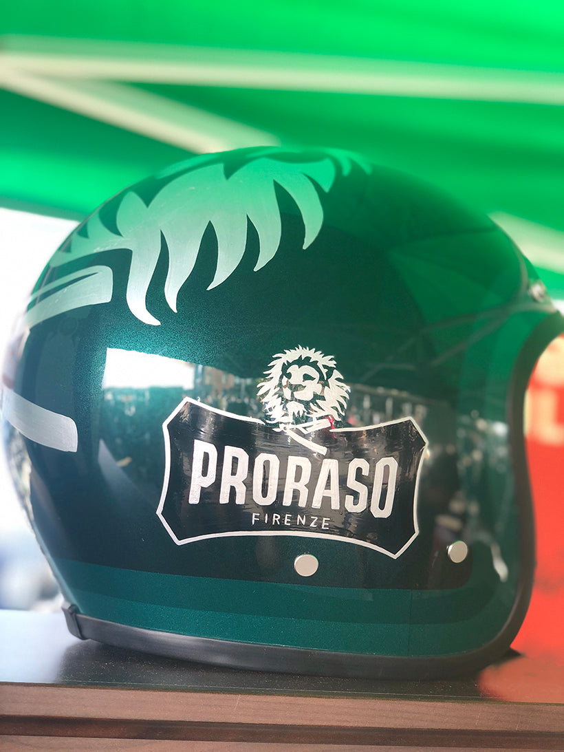 Proraso branded green motorcycle helmut
