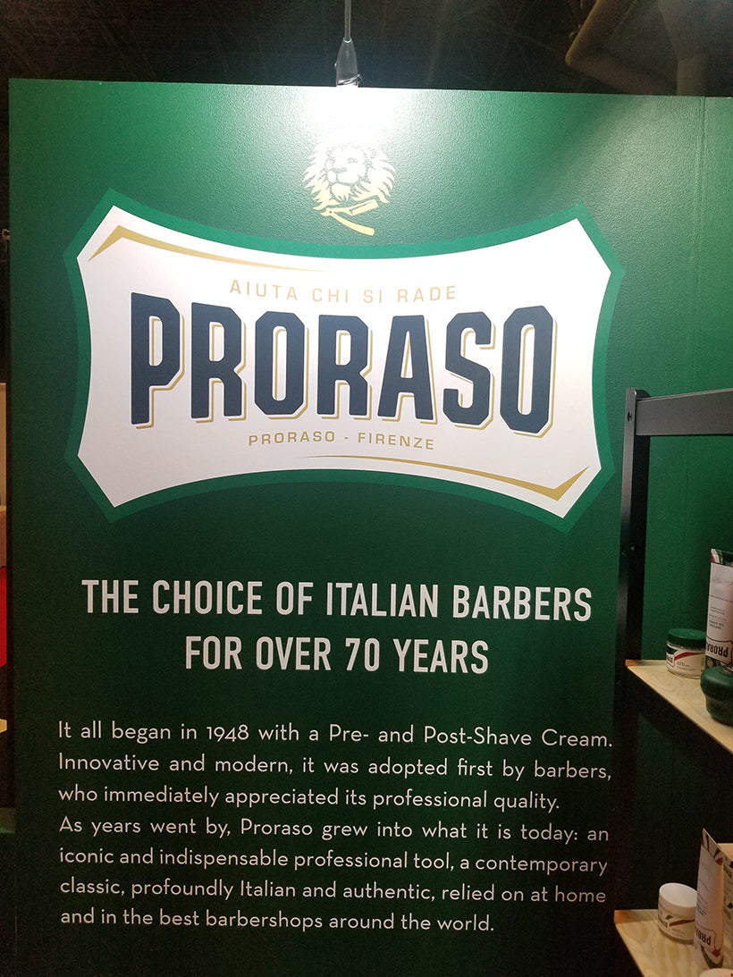 Large printed sign telling the story of Proraso's history