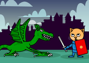 Cat knight Geaorge fighting the dragon