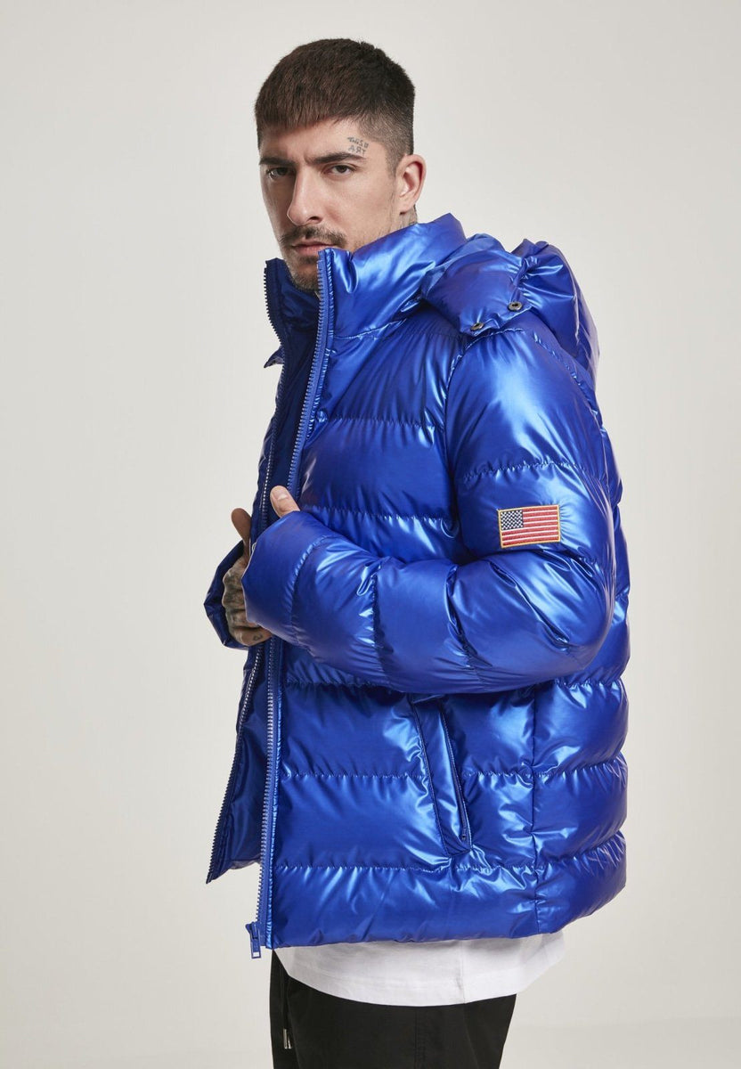 shiny blue puffer jacket