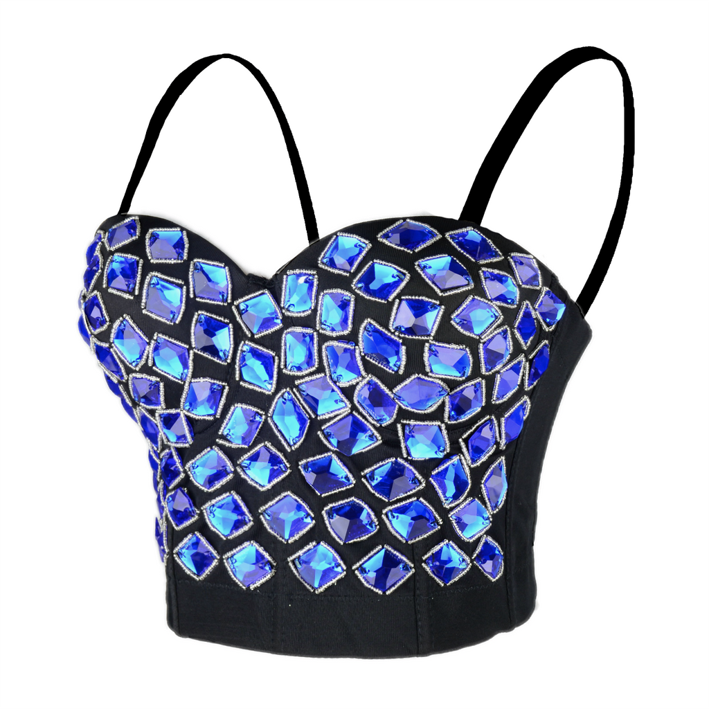 Womens Rhinestone Diamond Push Up Bustier Crop Top Sexy Punk Corset B