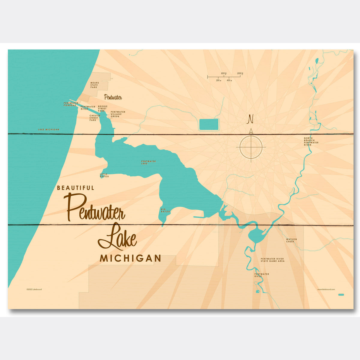 Pentwater Lake Michigan Wood Sign Map Art Lakebound® 5508