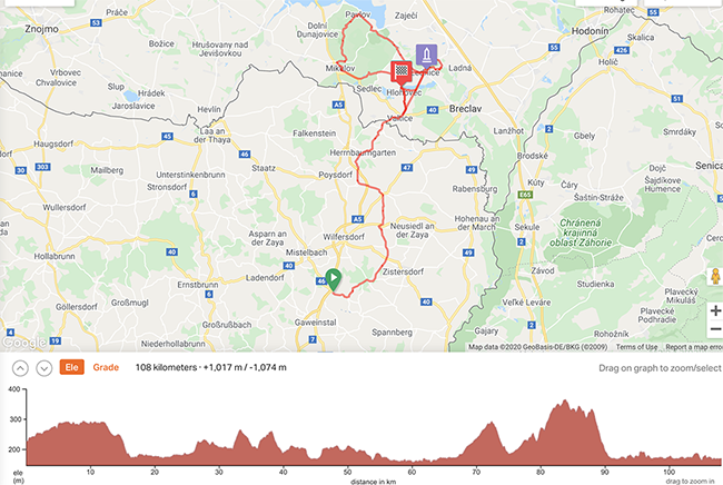 Cycling Tour Vienna to Prague Map Day 1 and 2