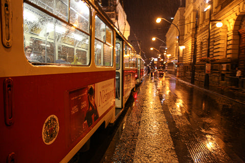 Prague Czech trams on a stormy night cycling tour Connal Kit