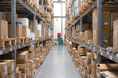 Warehouse with boxes - import of goods from EU to USA
