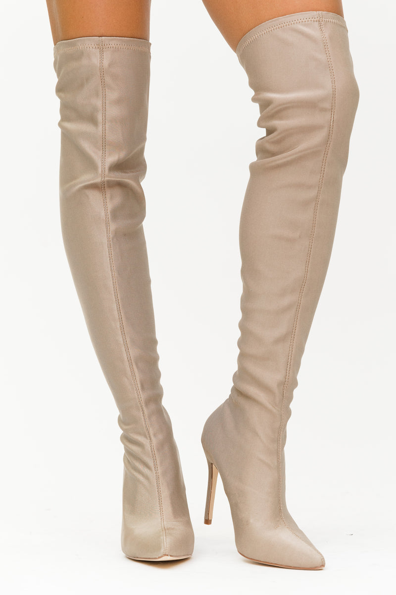 tan stretch knee high boots