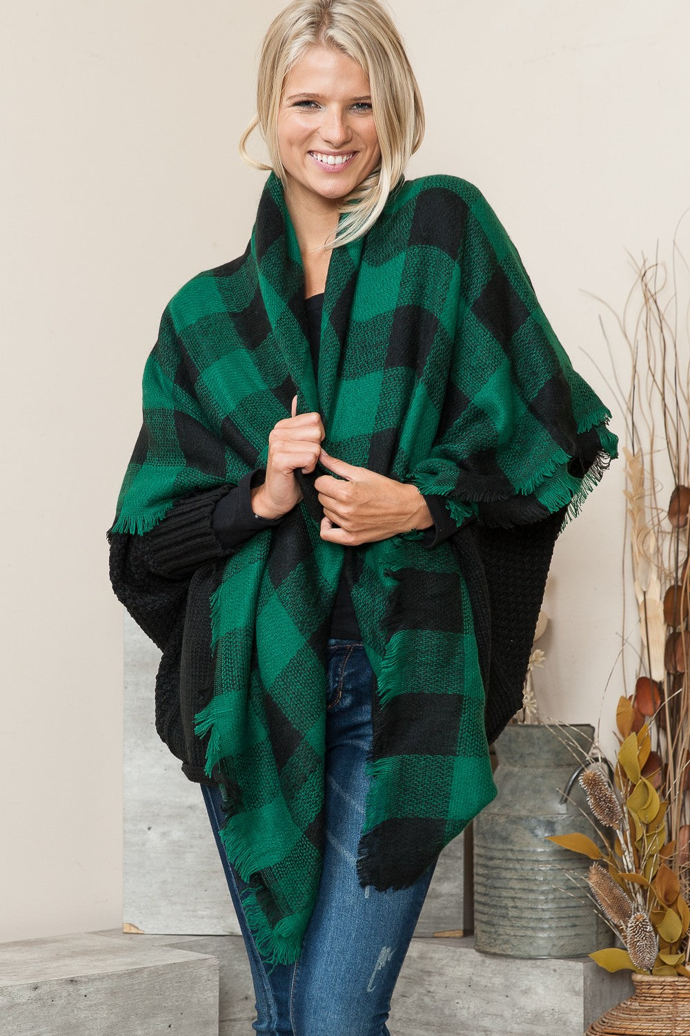 Green & Black Plaid Raw Hem Scarf