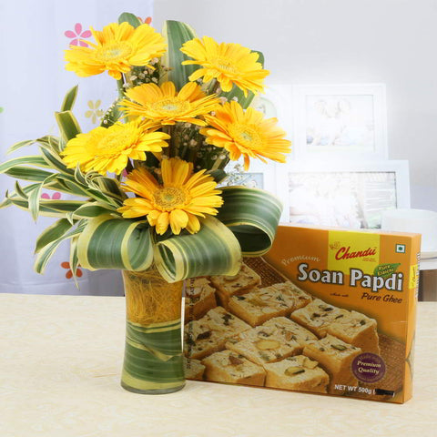 Yellow Gerberas Vase with Soan Papdi Sweets