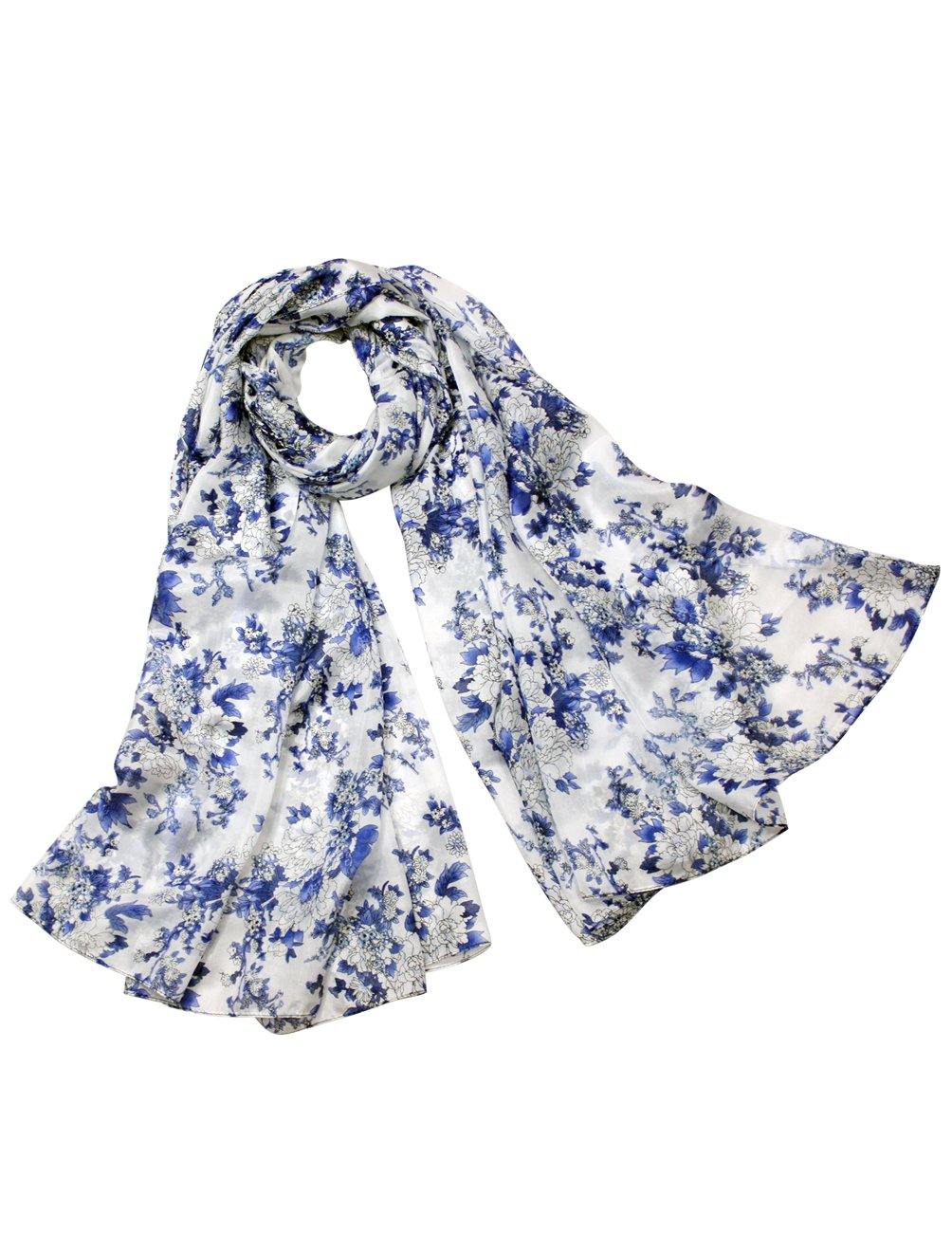 White Blue Flowers Printed Thick Small Silk Scarf
