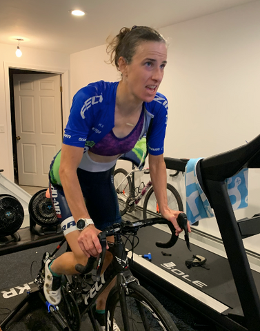 Lea rides like the wind on her stationary bike in the virtual Tour de France 