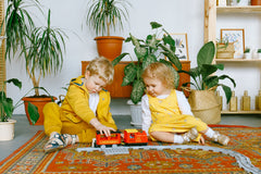 children sharing a train set during play