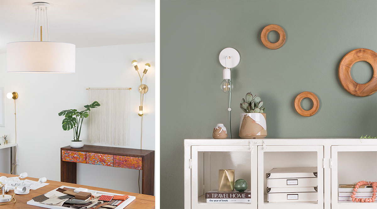 Plug-in wall sconces and pendant light fixture with shade