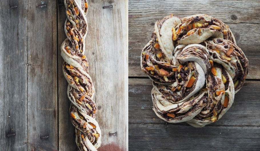 Easter recipe: Whole Wheat Dark Chocolated and Candied Orange Peel Braided Swirl Bun