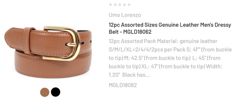 12pc Assorted Sizes Genuine Leather Men's Dressy Belt - MGLD18062