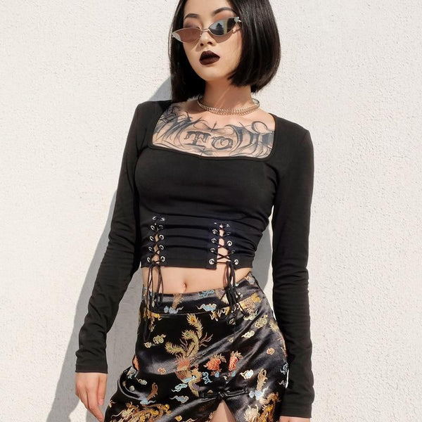 DAYHYPE black crop top with lace up detail
