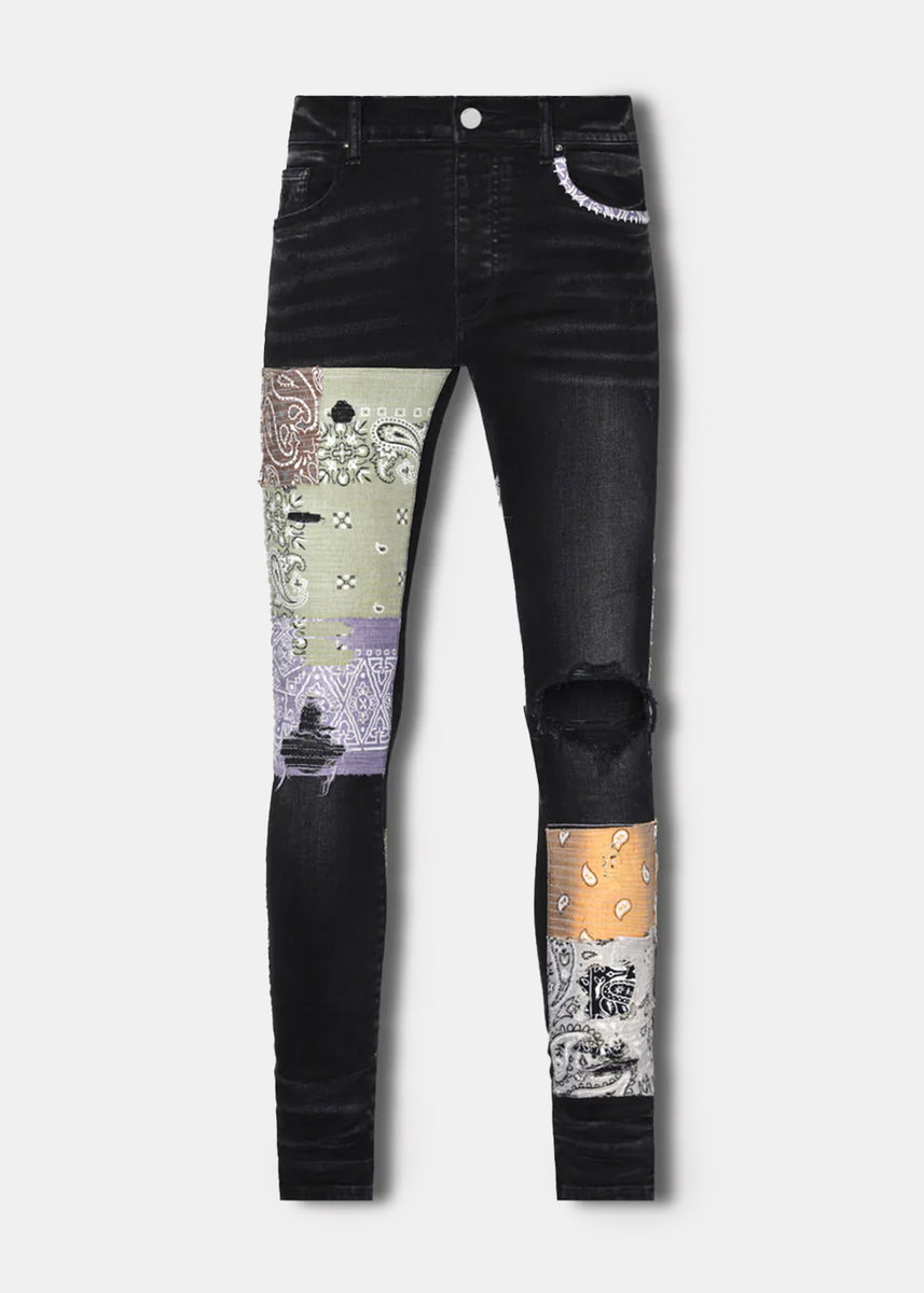 Aged Black Bandana Art Patch Jeans | LEISURE CENTER