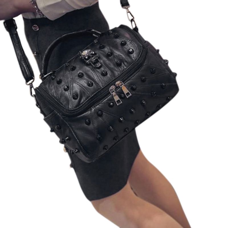 Women Bags Split Sheep Leather Messenger Rivet Skull Tote Handbag
