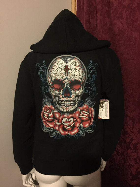 Sugar Skull ROSES NECKLACE Lady HOODIE Sweatshirt Roses Skull Day of the Dead Tr 