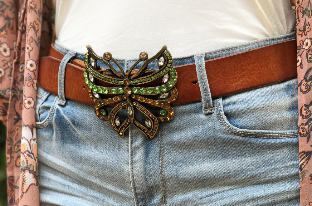 Butterfly Belt Buckle with Black Leather Strap