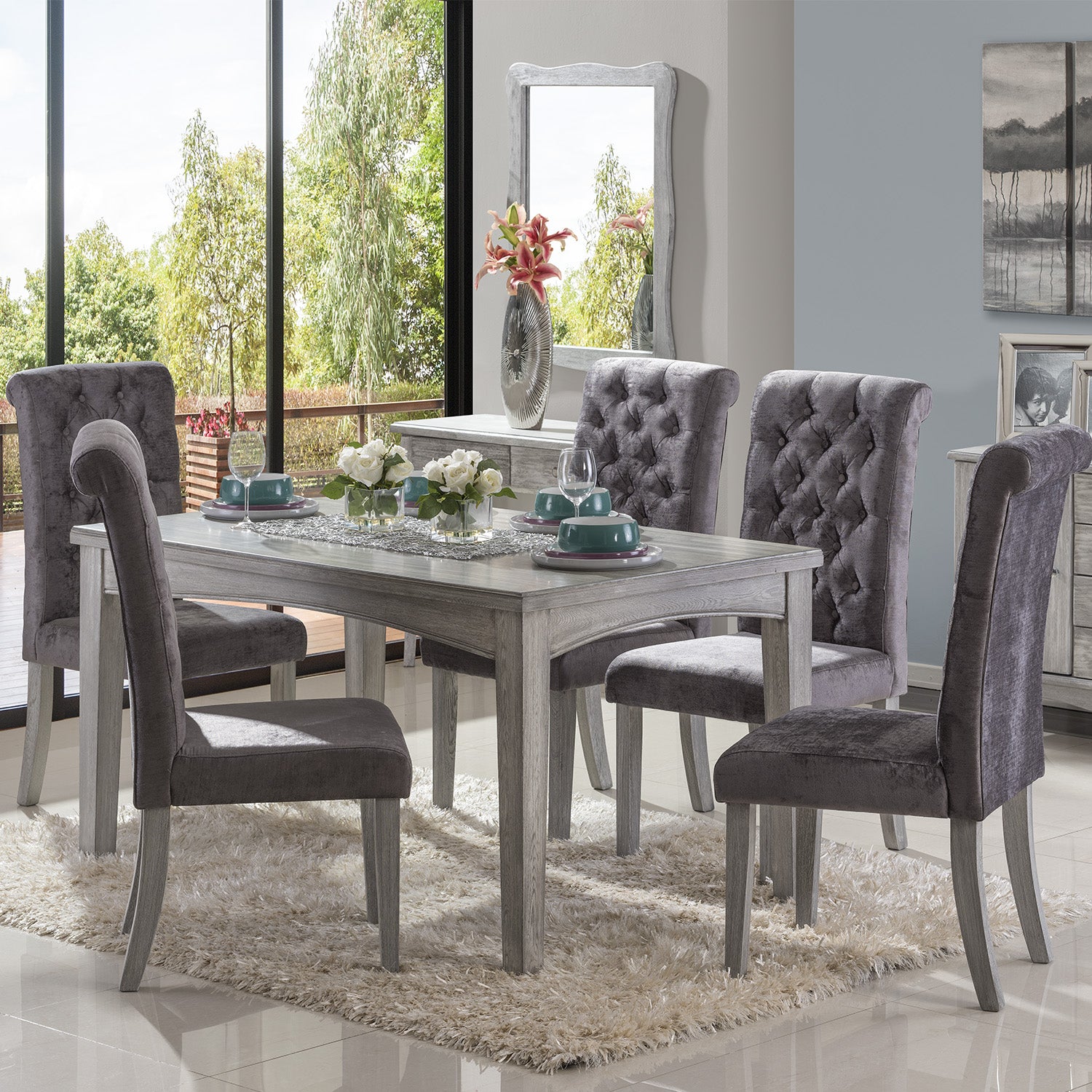 Comedor 6 Puestos Milano Gris Oscuro, Madera Acabado Decapé Gris