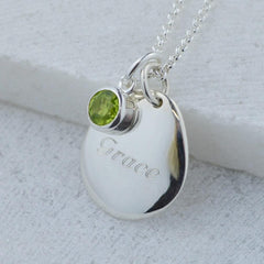 Engraved Pebble & Birthstone Necklace - Lily Charmed