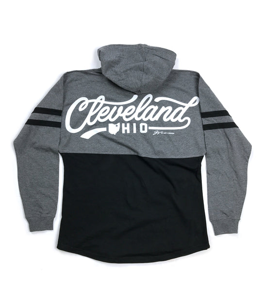 Womens Script Cleveland Black/Grey Hooded Spirit Tee
