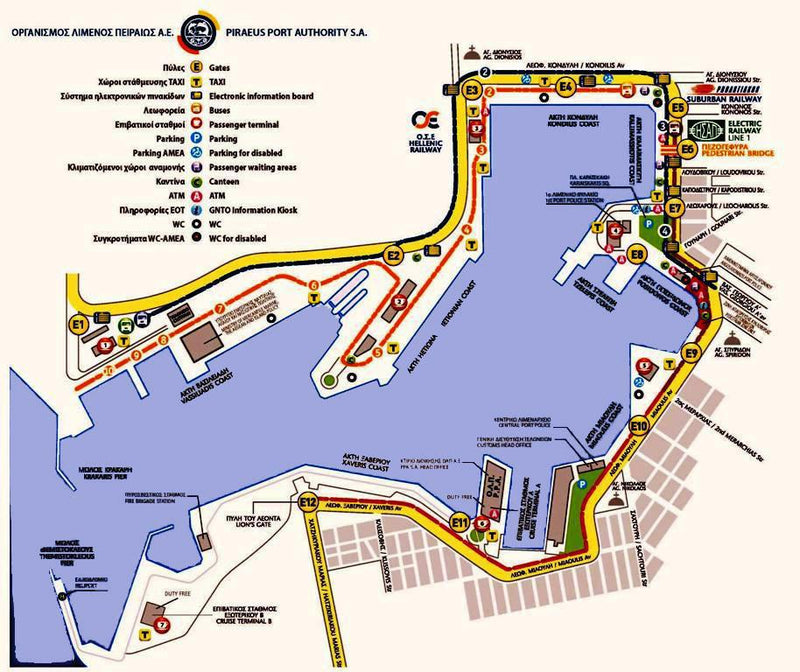 Mappa porto del Pireo con moli dei traghetti per le isole