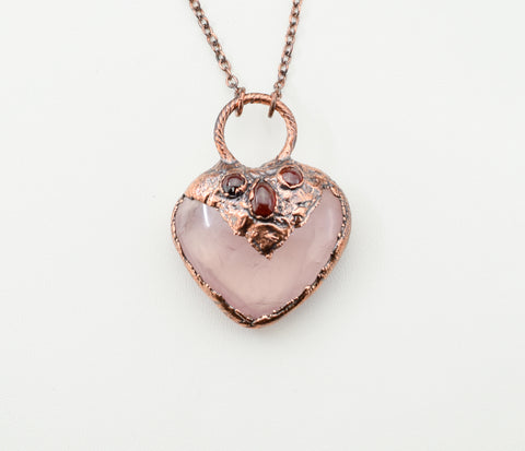 Rose quartz and garnet heart pendant