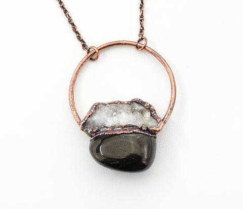 jet with moroccan geode crystal cluster pendant