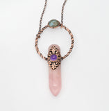 rose quartz wand with amethyst and labradorite pendant