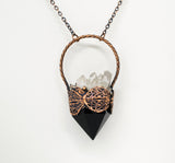 obsidian point with crystal cluster filigree pendant