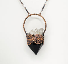 quartz crystal cluster black obsidian necklace