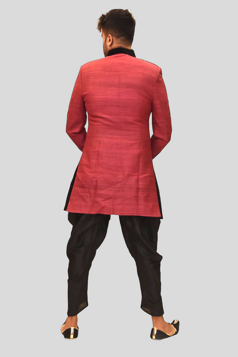 Hensigt Kemi Fil Silk Apple Peachy Red Sherwani / Jacket – Heritage India Fashions