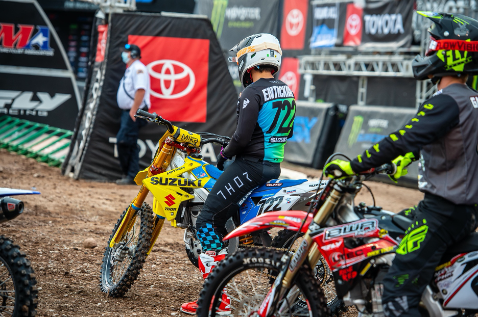 Adam Enticknap (#722) waits to be called to the line in Heat 1 at 2020 SLC SX