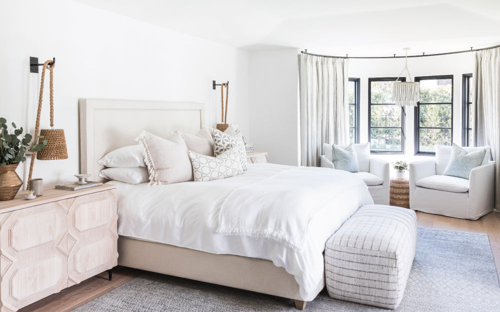 mindy Gayer design master bedroom greige textiles pillows