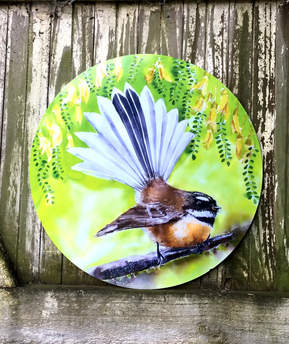 Fantail New Zealand Bird - Circle Outdoor Art Panel – Kay Designs New