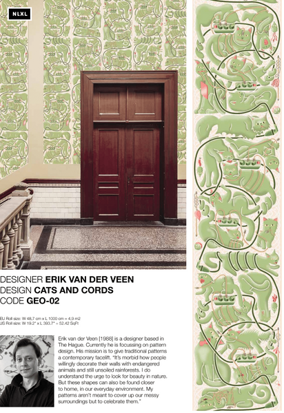 Erik van der Veen [1988] is a designer based in The Hague. Currently he is focussing on pattern design. His mission is to give traditional patterns a contemporary facelift. “It’s morbid how people willingly decorate their walls with endangered animals and still unsoiled rainforests. I do understand the urge to look for beauty in nature. But these shapes can also be found closer to home, in our everyday environment. My patterns aren’t meant to cover up our messy surroundings but to celebrate them.”