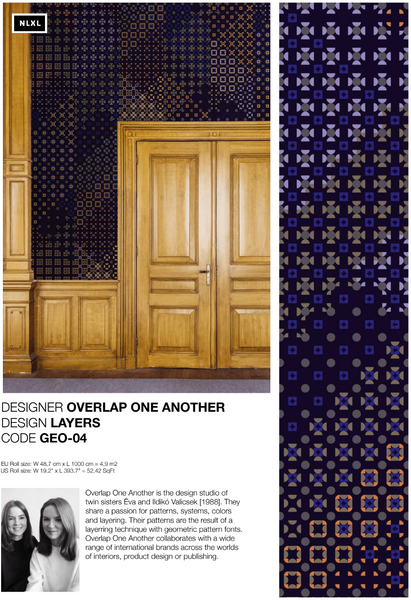 Overlap One Another is the design studio of twin sisters Éva and Ildikó Valicsek [1988]. They share a passion for patterns, systems, colors and layering. Their patterns are the result of a layerring technique with geometric pattern fonts. Overlap One Another collaborates with a wide range of international brands across the worlds of interiors, product design or publishing.
