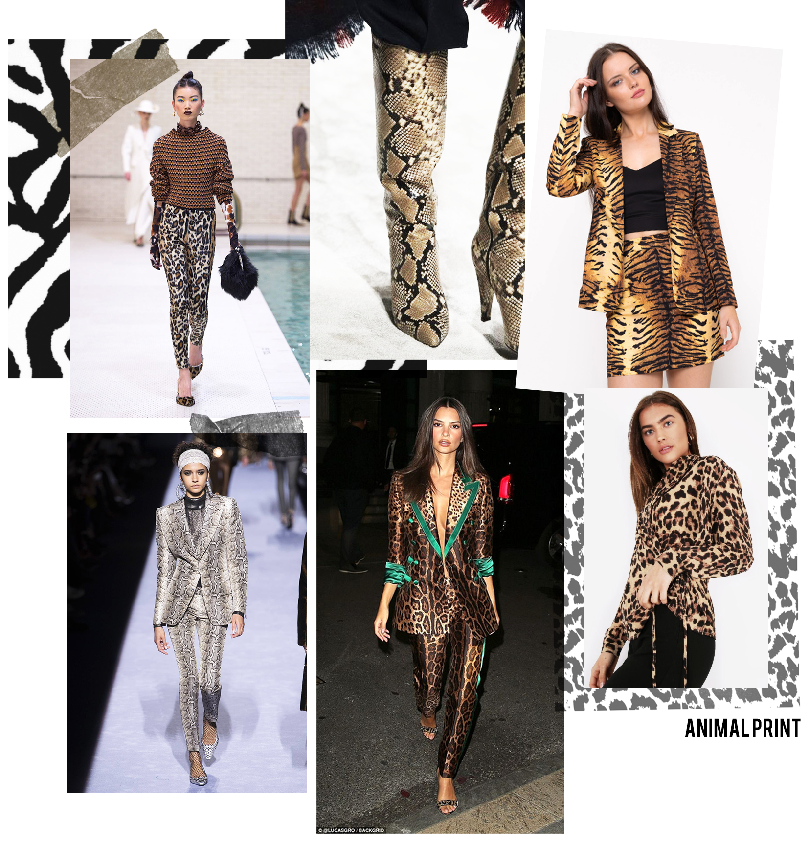 A collage of models wearing animal print in different but stylish ways